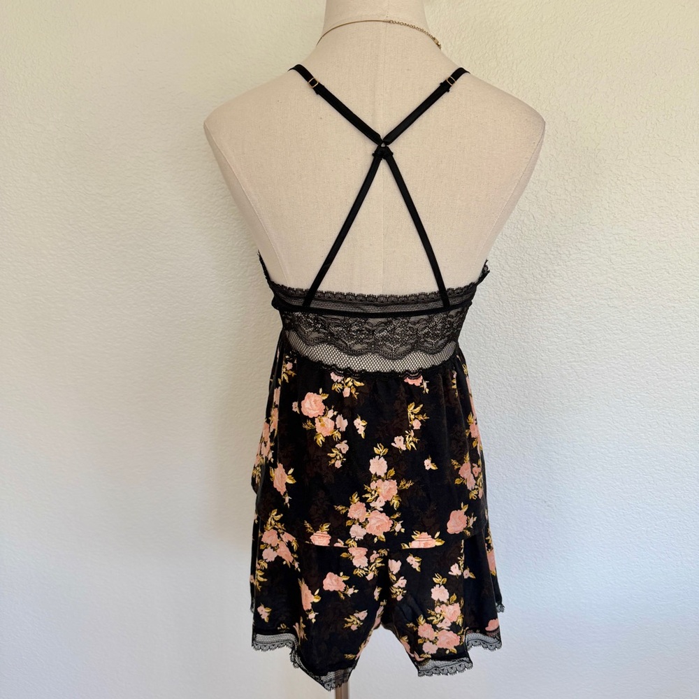 🌹 VS Black Pink Roses Floral Print Heavenly Supersoft Modal Lace Cami Short Set - Picture 6 of 12
